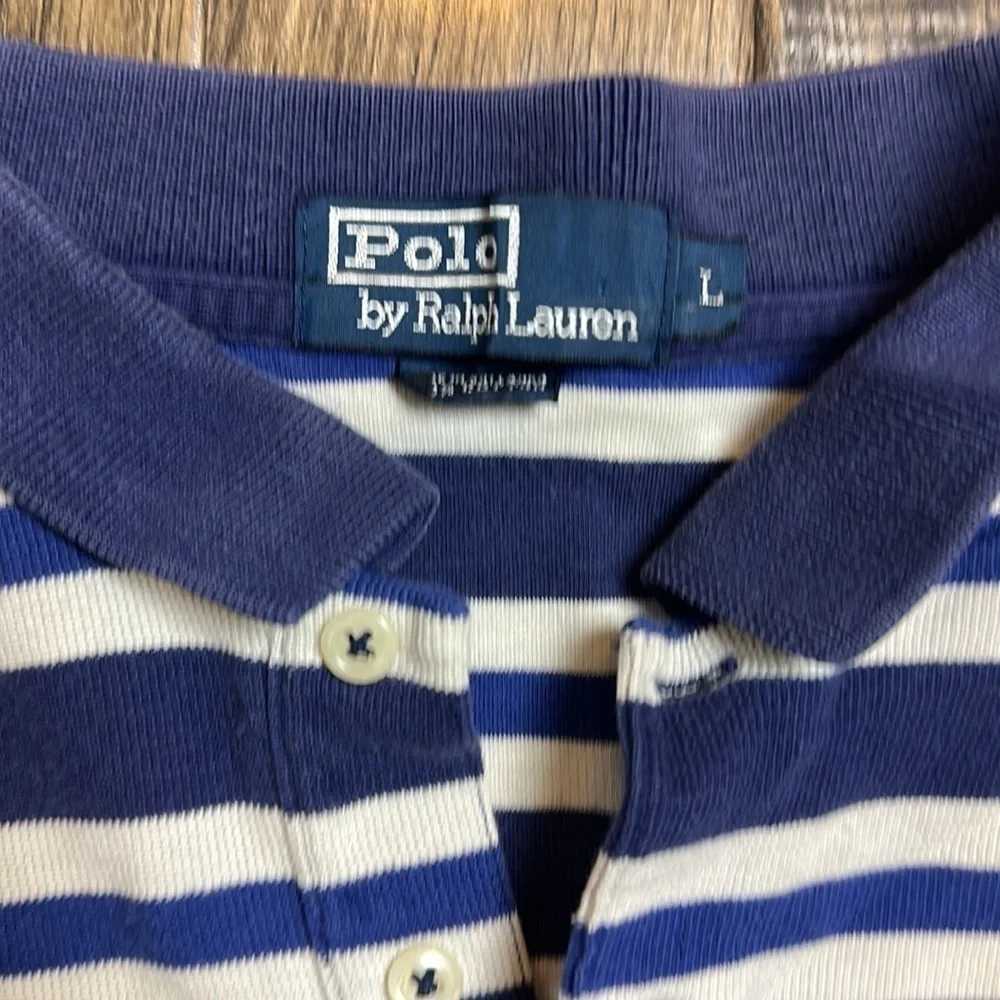 Vintage 90’s Men’s Ralph Lauren Navy Striped Polo Short Sleeve Shirt Size L